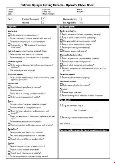 nsts operator check sheet template: ensure proper system pressure and identify leaks template