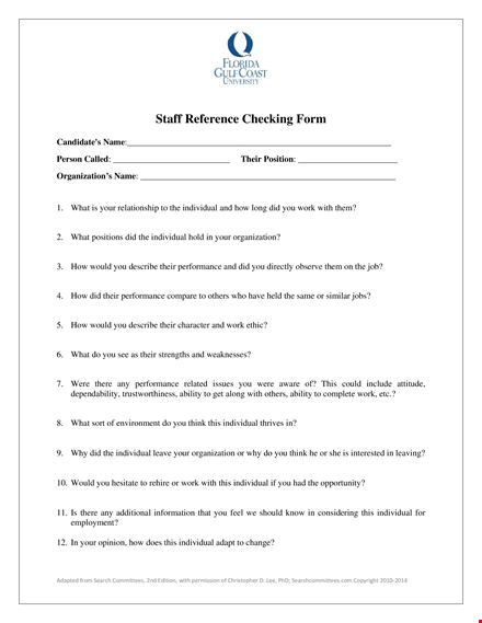 staff reference checking form - assessing performance and organizational fit template