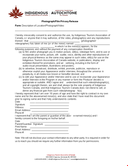 canada tourism: location release form for indigenous photography template