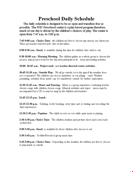 preschool daily schedule template