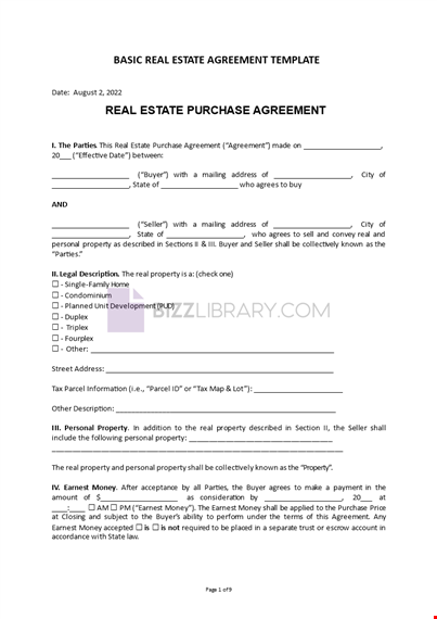 basic real estate agreement template template