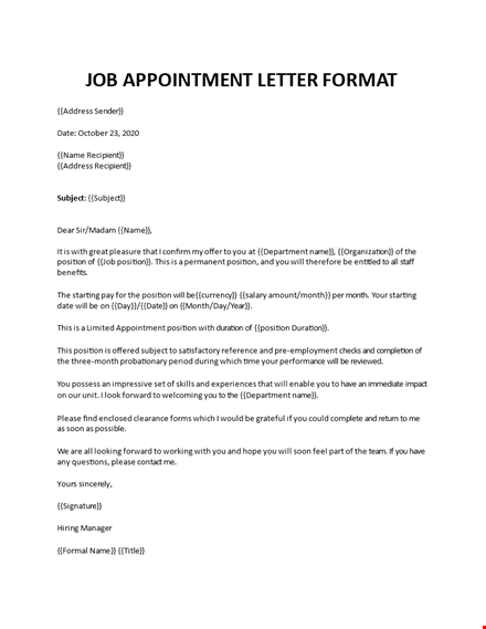 job appointment letter format template