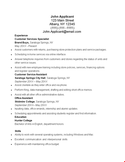 customer service resume template - office in saratoga springs | assist template