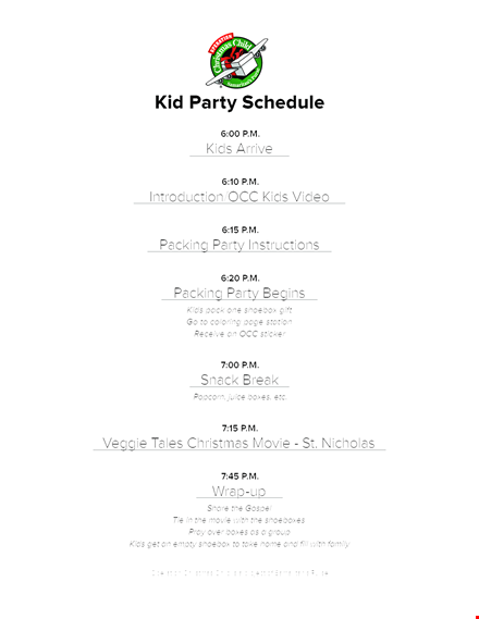 kid's party schedule template