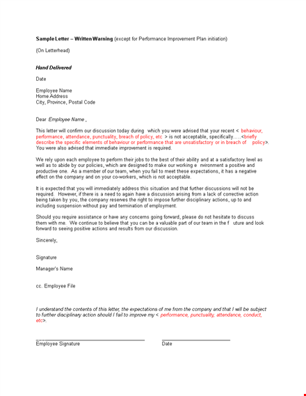effective employee warning letter template - improve work performance template