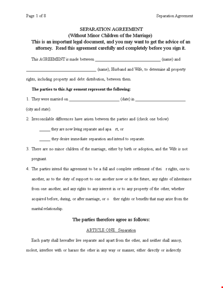 separation agreement template - customize for your parties' needs template