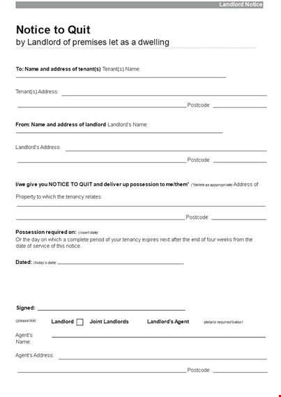 landlord notice to quit template template