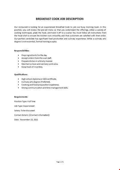 breakfast cook job description template