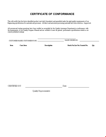 certificate of conformance | ensure quality with materials & specifications template