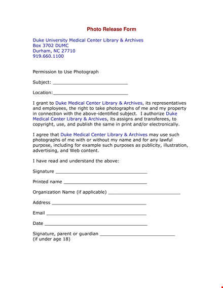 photo permission release form template for library, medical center, and archives template