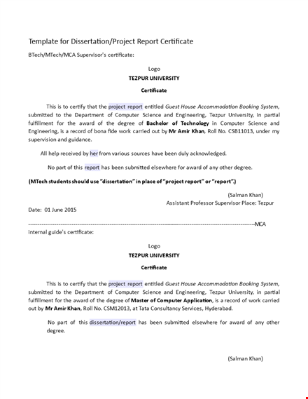 project report certificate format template