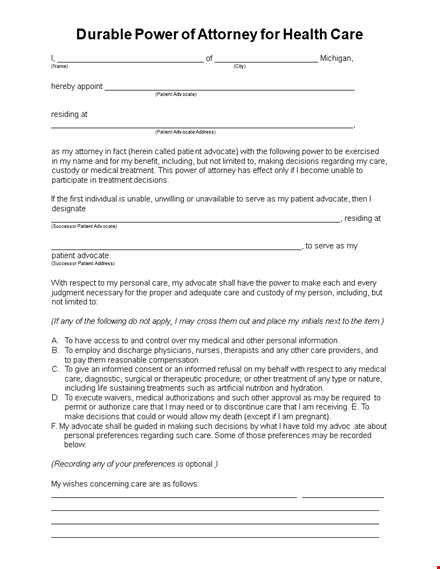 durable medical power of attorney form | appoint a trusted advocate template