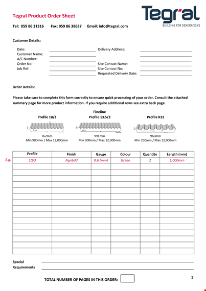 product order sheet template template