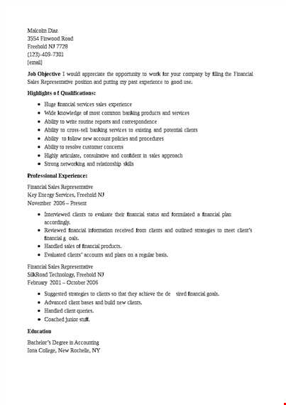 financial sales representative resume template