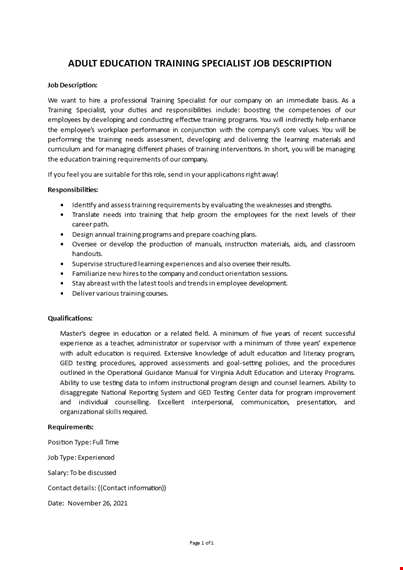 training specialist job description template