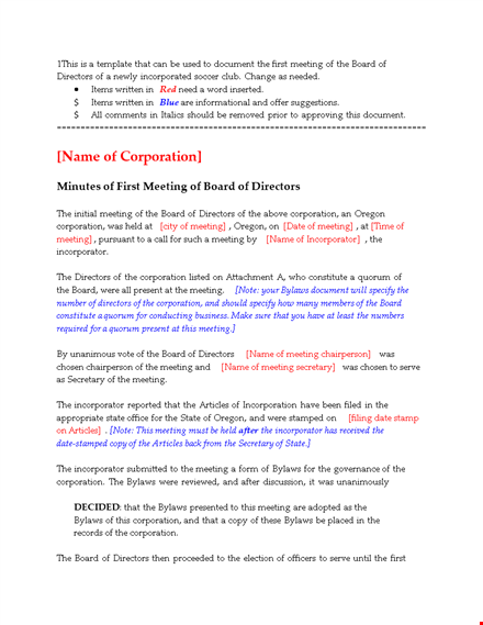 corporate minutes template