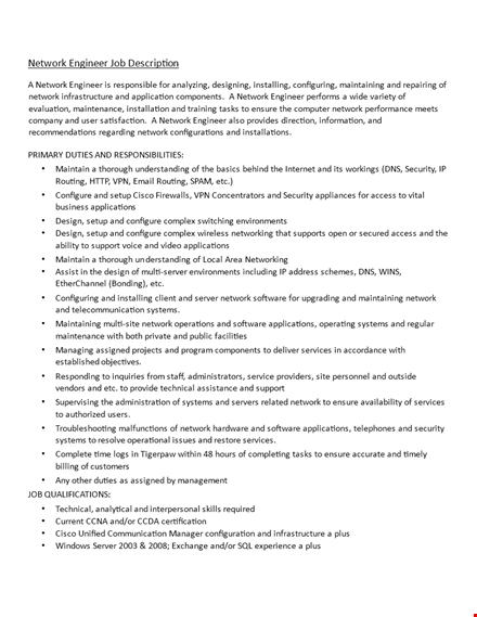network engineer job description - security, applications, and abilities template
