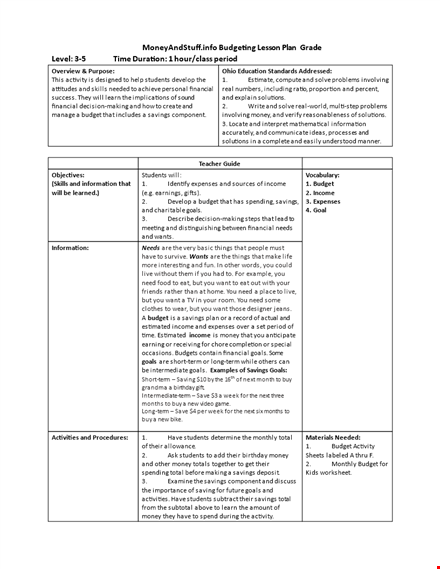 monthly budget lesson plan template