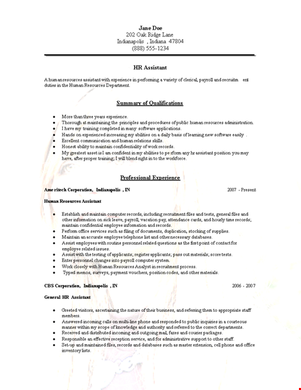 human resources assistant resume - maintain and manage human records template