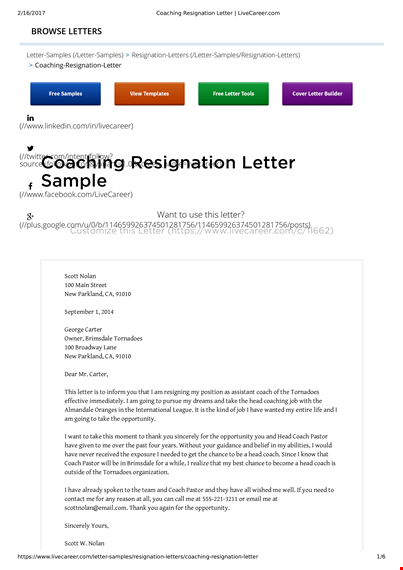 coach resignation letter example template
