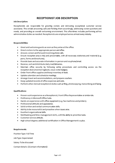 receptionist job description template