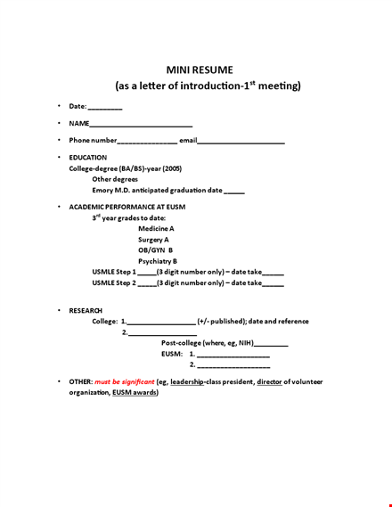 mini resume template template