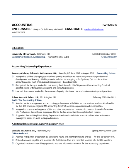 sample accounting internship resume - gain experience assisting in baltimore template