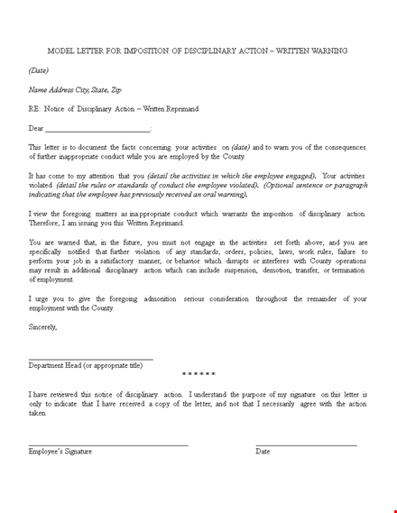 model letter for imposition of disciplinary action template