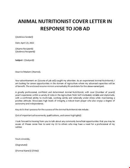 animal nutritionist application letter template