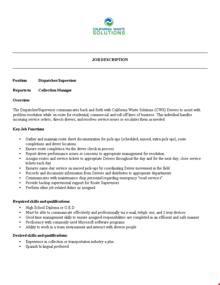 dispatch supervisor job description template