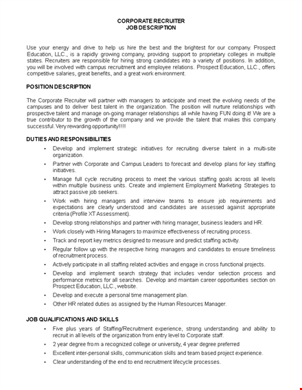 corporate recruiter job description | free pdf template for hiring and developing corporate talent template