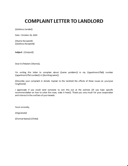 sample complaint letter to landlord about neighbor template