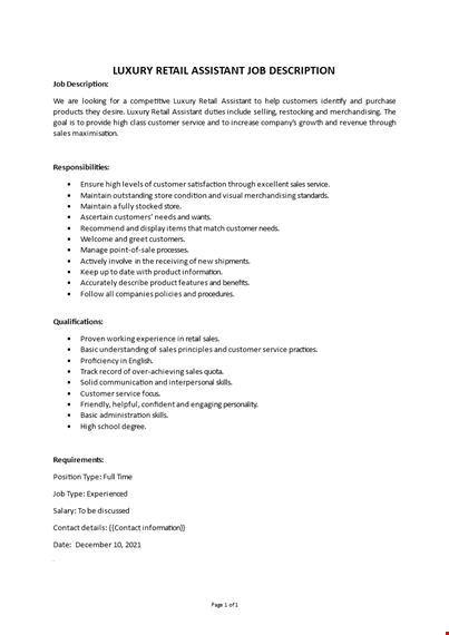 luxury retail assistant job description template