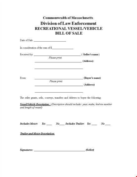 printable bill of sale for vessel, vehicle description, seller, vessel template