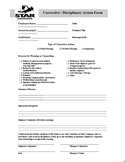 employee disciplinary action form | warning & corrective action by managers template