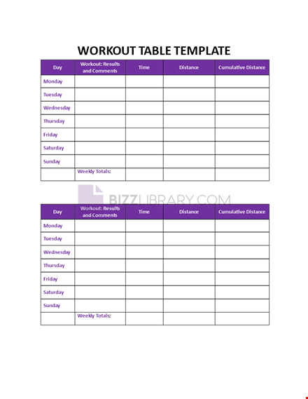 workout table template template