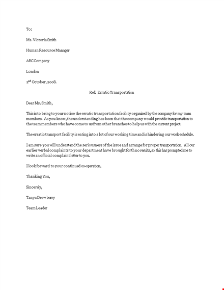 smith's erratic transportation: employee formal complaint letter | company templates template