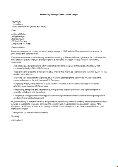 marketing manager cover letter example template