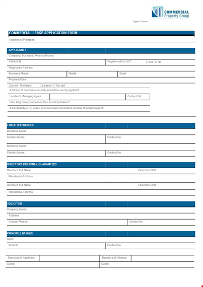commercial lease application form - property, applicant, address, assets | pdf template