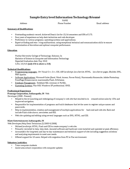entry level it resume for technology and computer professionals template