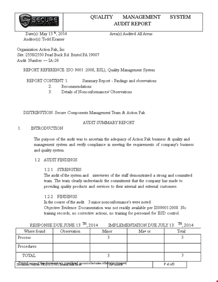 quality management system audit report: ensure effective training and section-wise analysis template