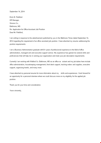 job application letter for office assistant template