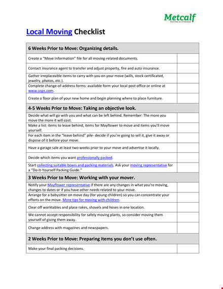 local moving checklist template template