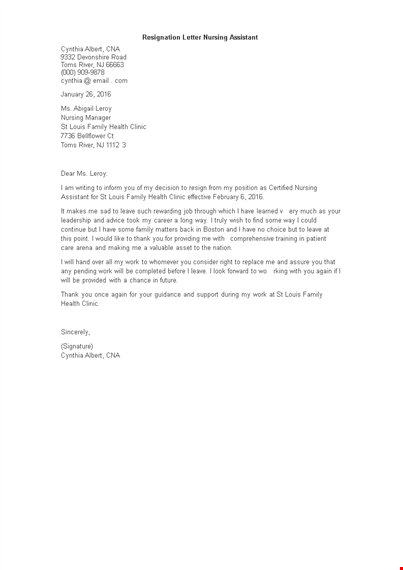 resignation letter nursing assistant template