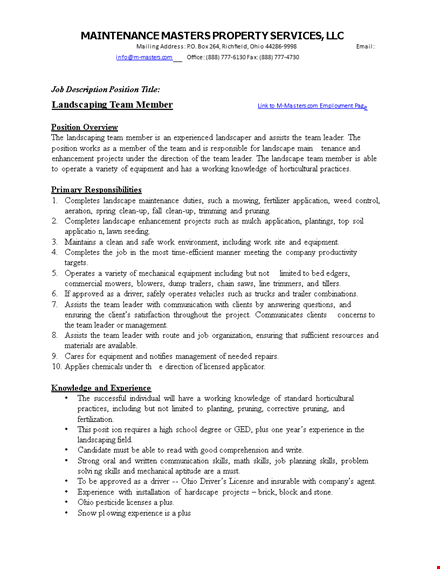 landscape team member job description template