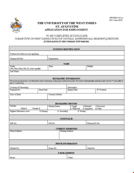 printable employment application form template