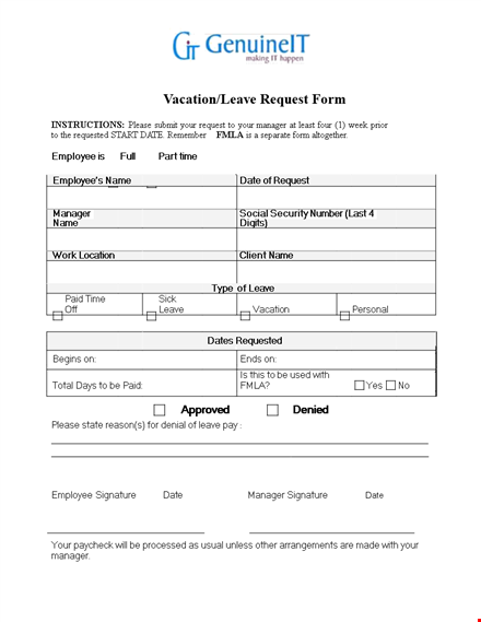 submit your vacation request form for employee leave to your manager template