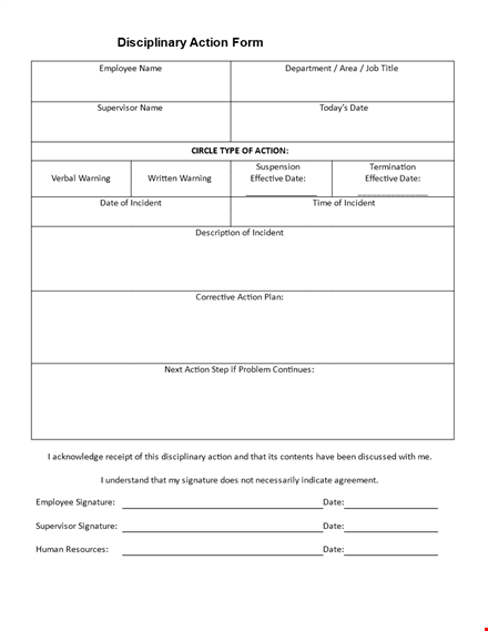 official disciplinary action form template