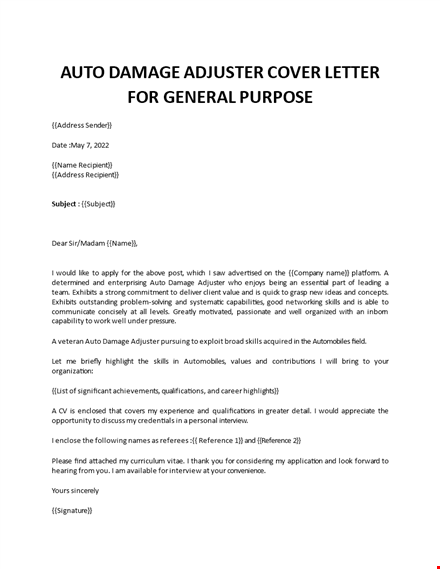 auto damage adjuster cover letter template