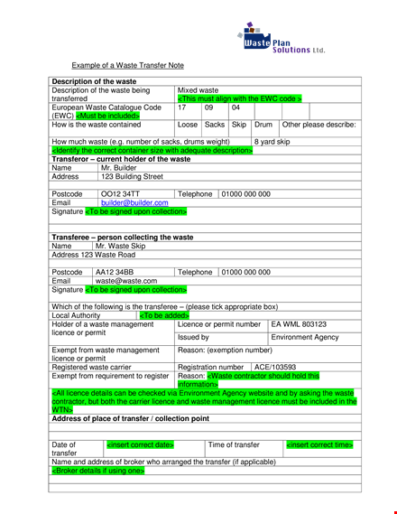 example of transfer note template